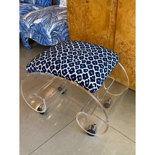 Charles Hollis Jones Vintage Lucite Scroll Ming Vanity Bench Stool Newly Upholstered For Sale - Image 4 of 13