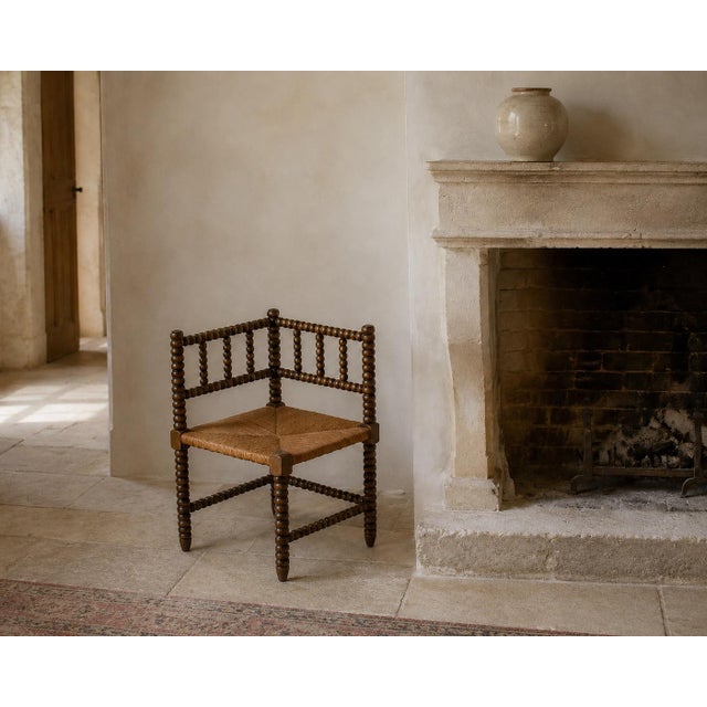 Antique French Provincial Carved Oak Bobbin Rush Corner Chair 19th C. For Sale - Image 14 of 14