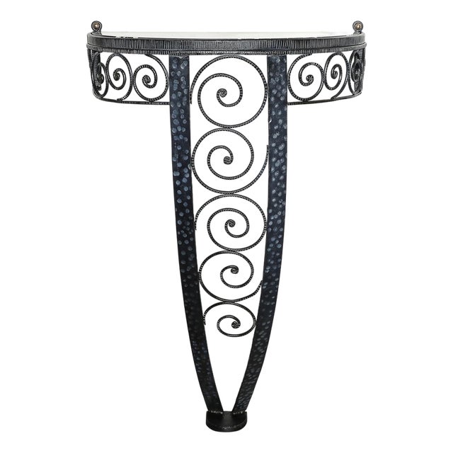 Art Deco Demilune Wrought Iron Spiral Motif & Porto Marble Inset Console Table For Sale
