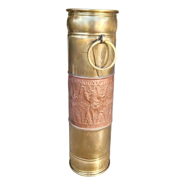 Antique Brass and Copper Umbrella Stand / Stick Holder With Embossed Repoussé Detail For Sale