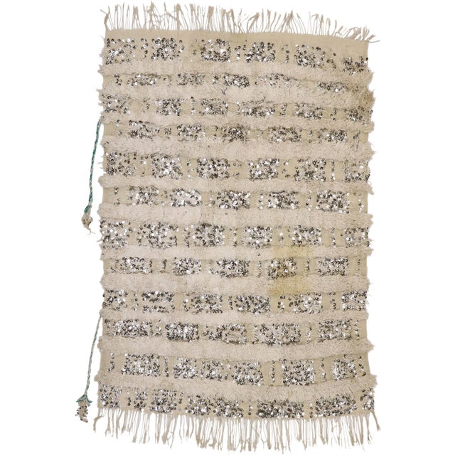 Vintage Moroccan Wedding Blanket Rug With Original Cape Ties - 03'09 X 05'05 For Sale - Image 11 of 11