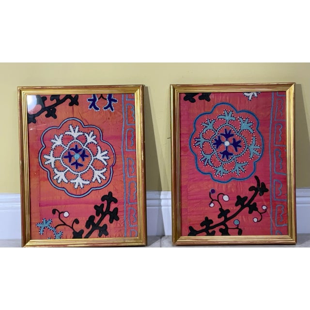 Wood Pair of 19 Century Antique Silk Suzani Wall Hanging For Sale - Image 7 of 12