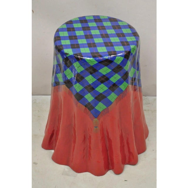 Vintage Paper Mache Red Blue Green Tartan Painted "Tablecloth" Drape Side Table For Sale - Image 11 of 11