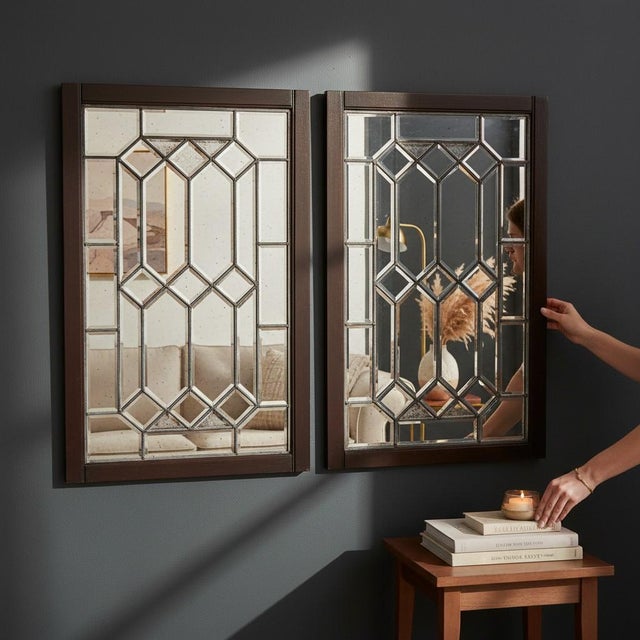 A pair of fine reproduction vintage clear leaded beveled glass mirrored faux window shutters housed in English Cottage...