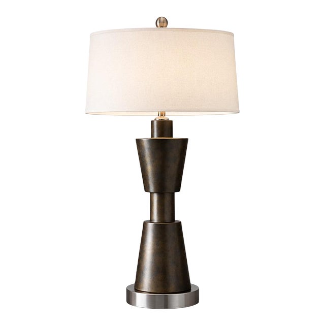 Late 20th Century Large Architectural Brutalist Table Lamp in Aged Bronze Finish – 36″ Sculptural Statement Lamp For Sale
