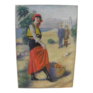 1930's Vintage Californiana Nostalgic Allegorical Painting Lady Orange Gatherer in Coastal Landscape