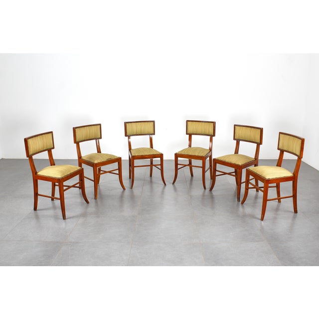 Set of six wooden and yellow fabric chairs. Made in Italy in the 1960s. Wear consistent with age and use