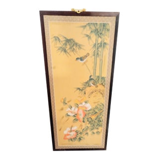 Vintage Chinoiserie Yellow Silk Bird Bamboo Painted Wall Panel For Sale