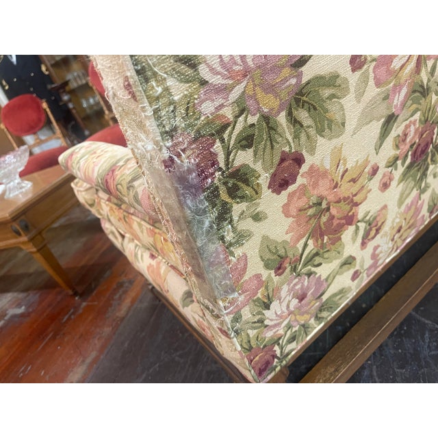 Beige Vintage English Style Floral Upholstered Sofa With Carved Wood Frame For Sale - Image 8 of 11
