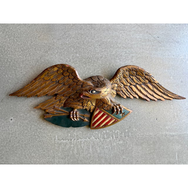 Mid-Century Modern 1950s Folk Art Mid-Century Artistic Carving Co. Louisburg Wood Eagle Plaque Bellamy Style Americana Wall Sculpture For Sale - Image 3 of 16