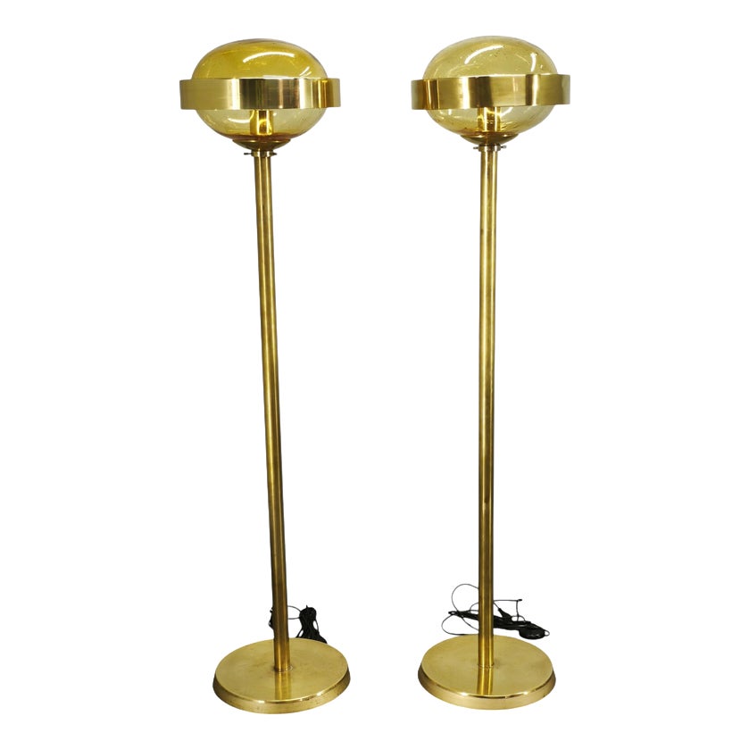Vintage Brass and Amber Glass Floor Lamps by Kamenický Šenov, 1970s ...