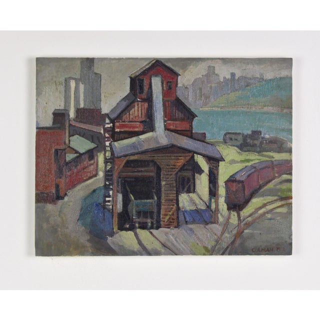 Striking oil painting of a shipping yard scene. Features a unique WPA style composition of a large industrial building...