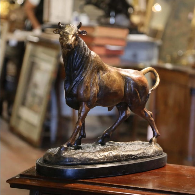 Early 20th Century French Patinated Bronze Bull Sculpture on Black Marble Base For Sale In Dallas - Image 6 of 9