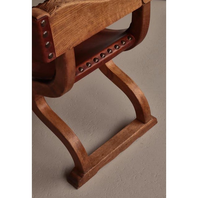 Danish Art Nouveau Cabinetmaker Armchair in Oak and Saddle Leather, 1920s For Sale - Image 13 of 17