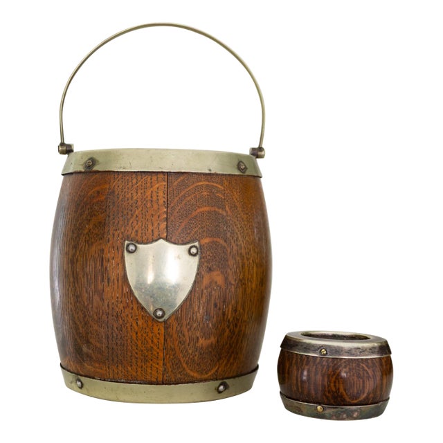 Antique English Oak Porcelain Lined Silver Shield Biscuit or Tobacco Barrel For Sale