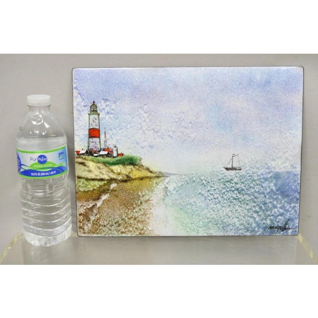 Dom Dominic Mingolla Enamel on Copper Painting Red Lighthouse Shoreline 9 x 12. Item features enamel on copper painting,...