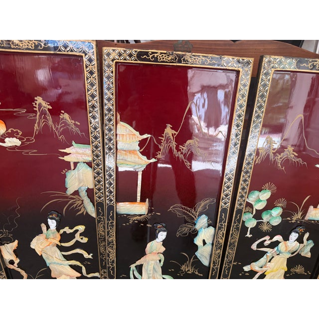 1970s Vintage Chinoiserie Red & Black Lacquer Wall Panels With Iridescent Mother-of-Pearl Inlay - Set of 4 For Sale - Image 5 of 6