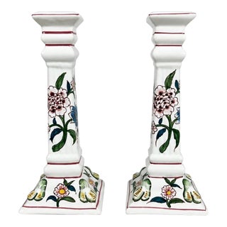Pair of Erica for Zrike Hand-Painted Floral Ceramic Candlesticks For Sale