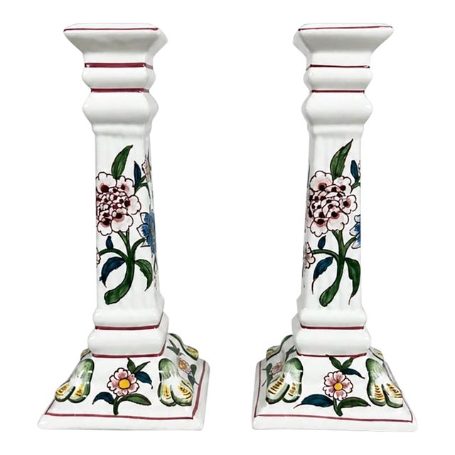 Pair of Erica for Zrike Hand-Painted Floral Ceramic Candlesticks For Sale