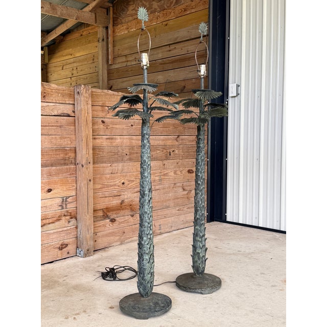 Vintage Monumental Sculptural Verdigris Palm Tree Floor Lamps, Attributed to Maison Jansen-Pair For Sale - Image 11 of 12