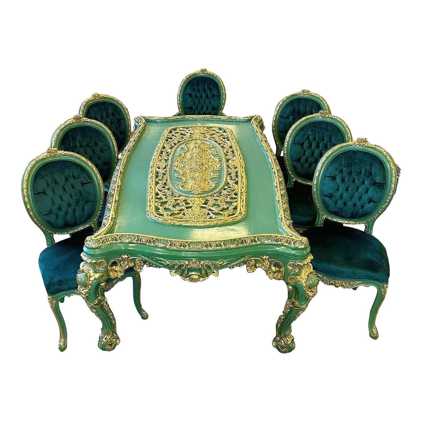 French Rococo Style Green and Gold Dining Table and Chairs - Set of 9 ...