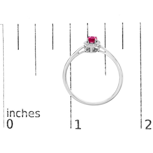 Metal 10K White Gold 5X3MM Oval Red Ruby and Diamond Accent Halo Ring (I-J Color, I1-I2 Clarity) - Ring Size 8 For Sale - Image 7 of 7