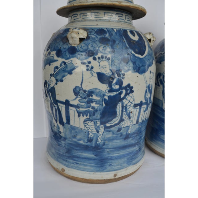 Ceramic Vintage Chinoiserie White & Blue Children & Qulin Ginger Jar - a Pair For Sale - Image 7 of 9