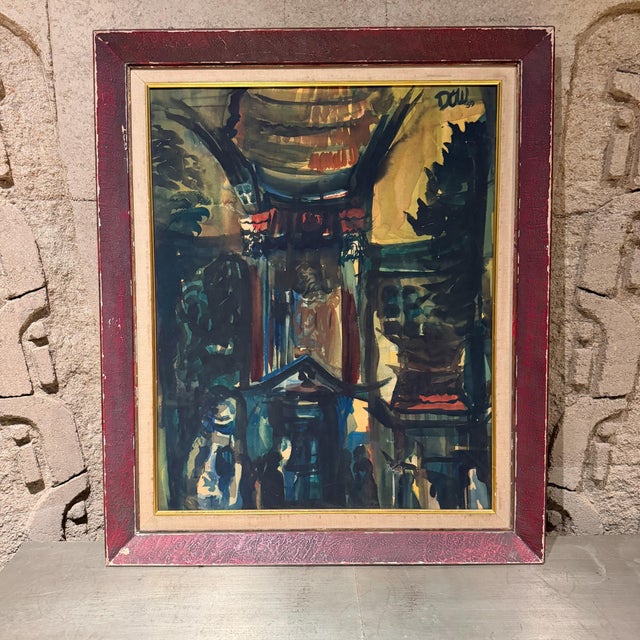 1950s Watercolor Painting, Abstract Architectural Landscape, Signed For Sale - Image 13 of 13