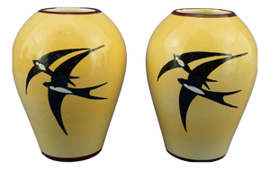Vintage Art Deco Ceramic Egg Vases with Swallow Decoration by M.A.A. Fama, 1930s, Set of 2
