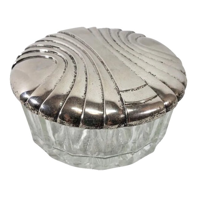 Vintage 1980s Art Deco Silver & Crystal Powder Puff Jar For Sale