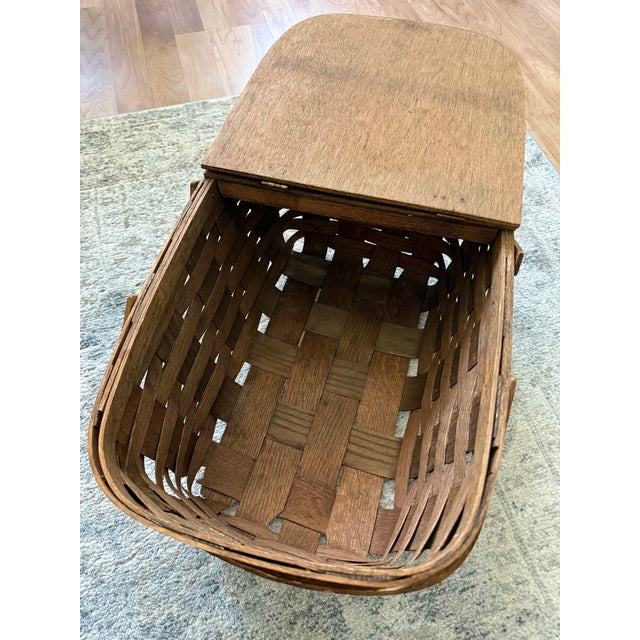 Vintage Large Woven Splint Wood Picnic Basket Double Swing Handle For Sale - Image 11 of 13