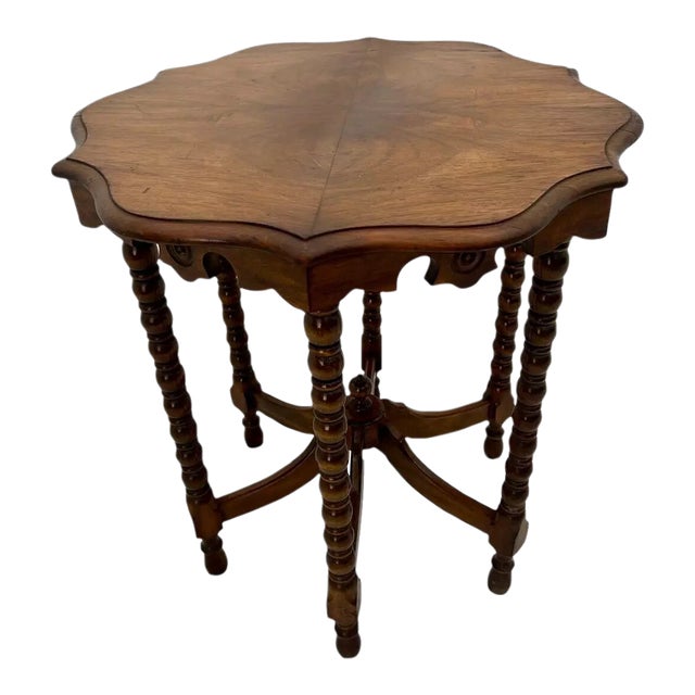 1900s Victorian Parlor Table Six Legs Burled Walnut Scalloped Top Hand Carved For Sale