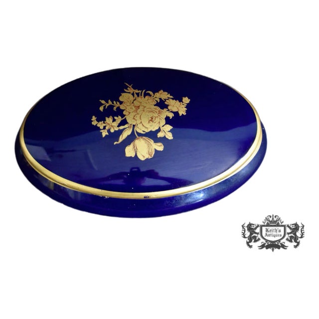 Limoges Oval Trinket Box France Cobalt Blue Porcelain Gold Floral 22k Vintage For Sale