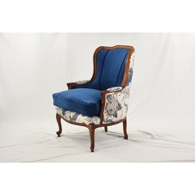 Schumacher Linen Accent Chair on Restored Vintage Ethan Allen Camille Bergere With Sapphire Velvet For Sale - Image 12 of 14