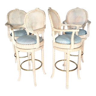 Carved Rope Cane Back Bar Stools - Set of 4 For Sale