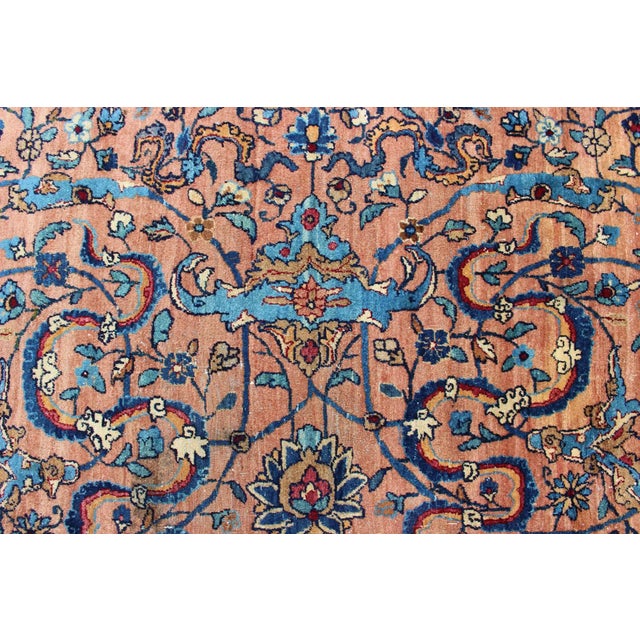 Classic Colorful Antique Large Lavar Kerman Rug in Salmon Background For Sale In Atlanta - Image 6 of 13