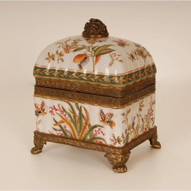Vintage Porcelain Box Bronze Mounted Hand Painted Butterflies and Floral Decor For Sale - Image 10 of 10