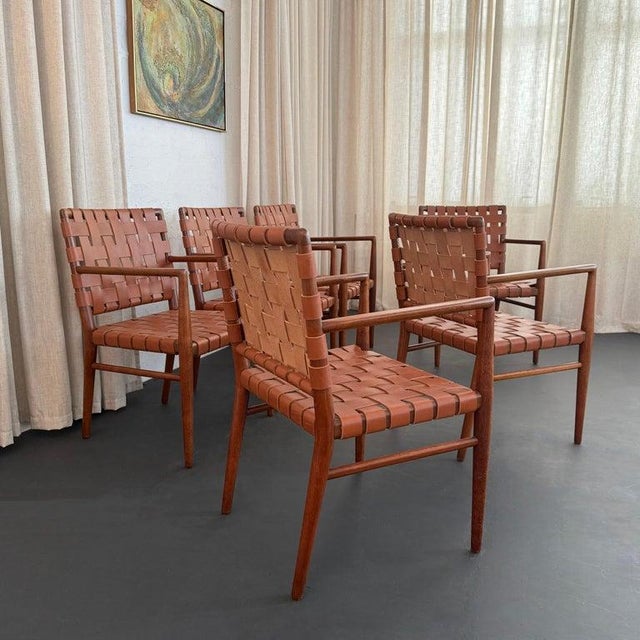 Mid-Century Modern Woven Leather Mahogany Dining Armchairs For Sale - Image 9 of 11