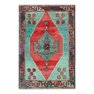 Brightly Colored Rug Turkish Vintage With Medallion and Geometric Flowers For Sale