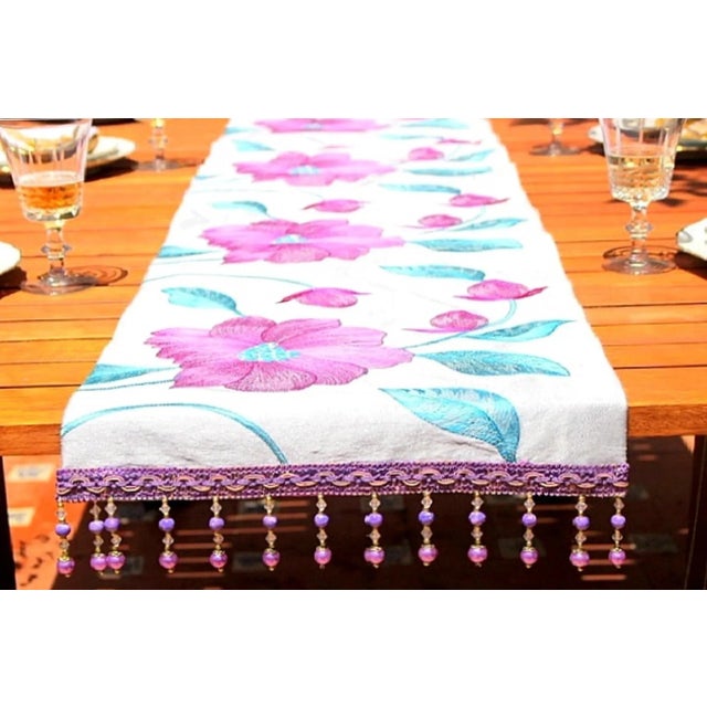 Floral Embroidery Natural Silk Table Runner With Sequins and Fringe For Sale - Image 6 of 13