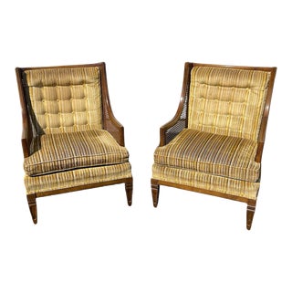 1960s Tufted Velour Cane Wingback Club Chairs- a Pair For Sale