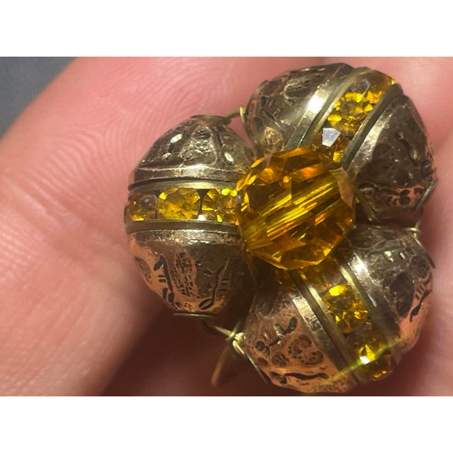 Mid-Century Modern Vogue Retro Mid Century Modern 1960s Pair of Earrings Brutalist Gold Tone With Citrine Ab Crytal, Perfect Condition. For Sale - Image 3 of 6