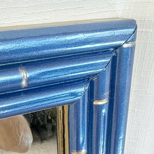 Wood Vintage Faux Bamboo Wall Mirror in Metallic Blue With Gilt Accents – Newly Paintd For Sale - Image 7 of 12