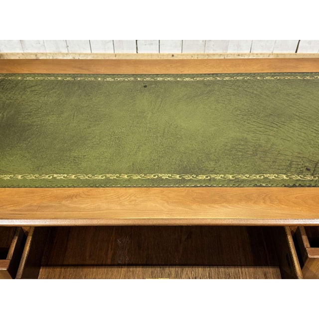 Brown Vintage English Flat Desk with Drawers in Yew Wood with Leather Top, 1970s For Sale - Image 8 of 15