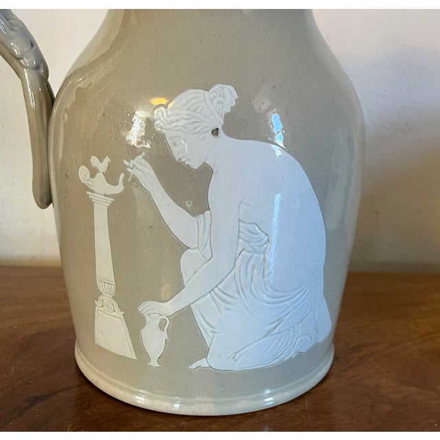 Antique 19th Century English Victorian Drabware Pitcher With White Classical Figures For Sale - Image 4 of 10