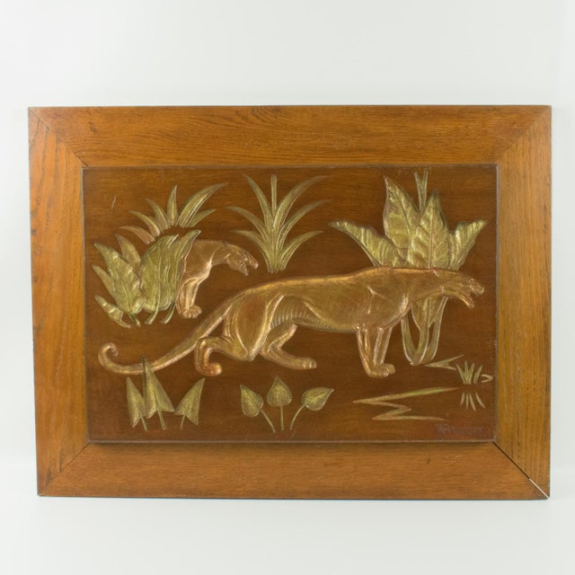 Wood Art Deco Engraved Wood Panel of Panthers, by N.R. Brunet, circa 1930 For Sale - Image 7 of 16