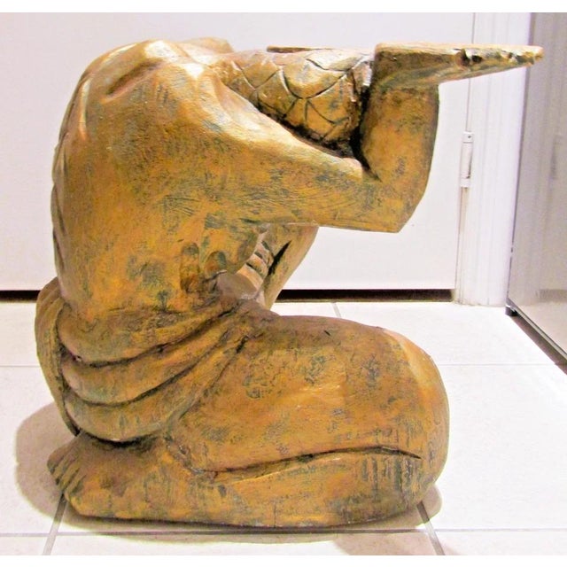 Vintage Gilded Carved Wood Asian Figural Side Table With Glass Top Circa 1980s For Sale - Image 9 of 15