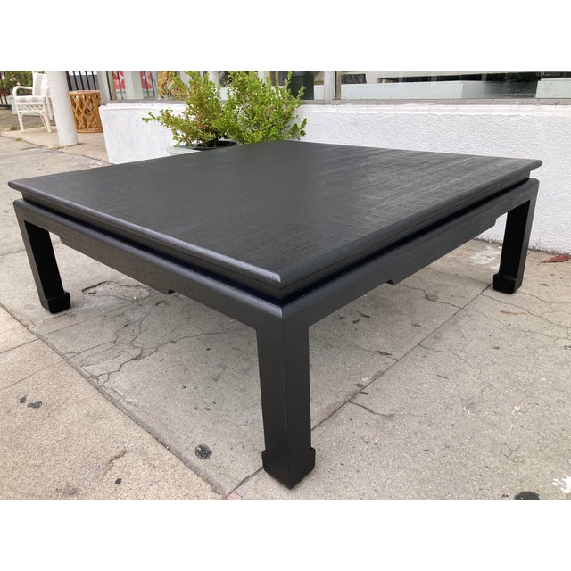 Van Horn Linen Wrapped Asian Style Coffee Table in Satin Black Lacquered Finish For Sale - Image 11 of 12