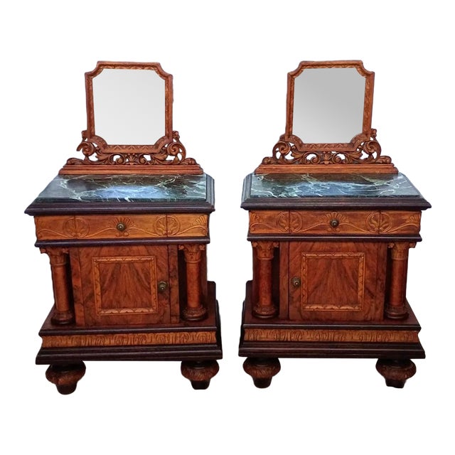 Pair of Italian Burl Walnut Nightstands With Green Marble Tops & Mirrors 1930s For Sale