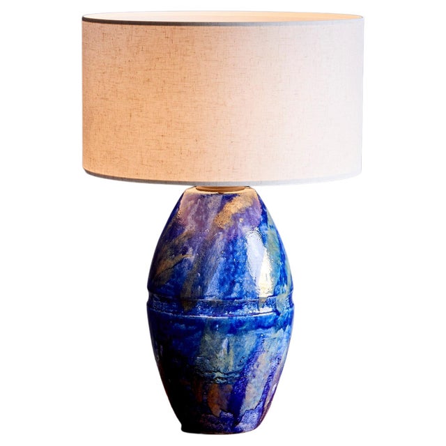 Huge Table Lamp in Blue Ceramic, France - 1960s. The measurements given apply to the lamp without the shade. The lamp...